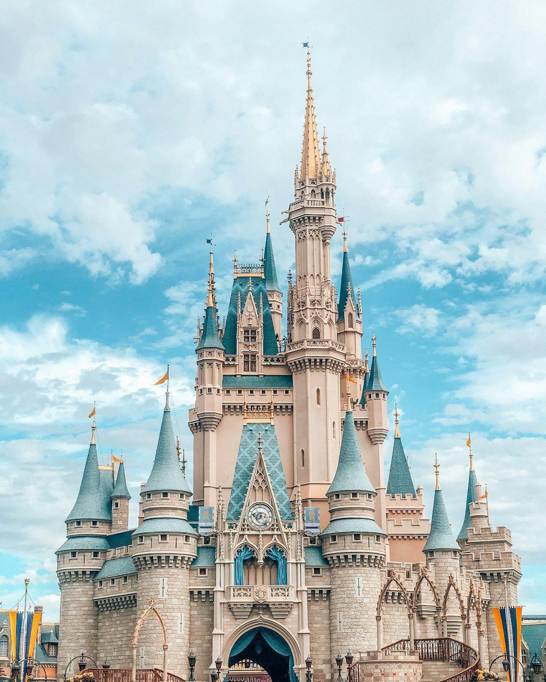 Iconic Disney World castle with family visitors