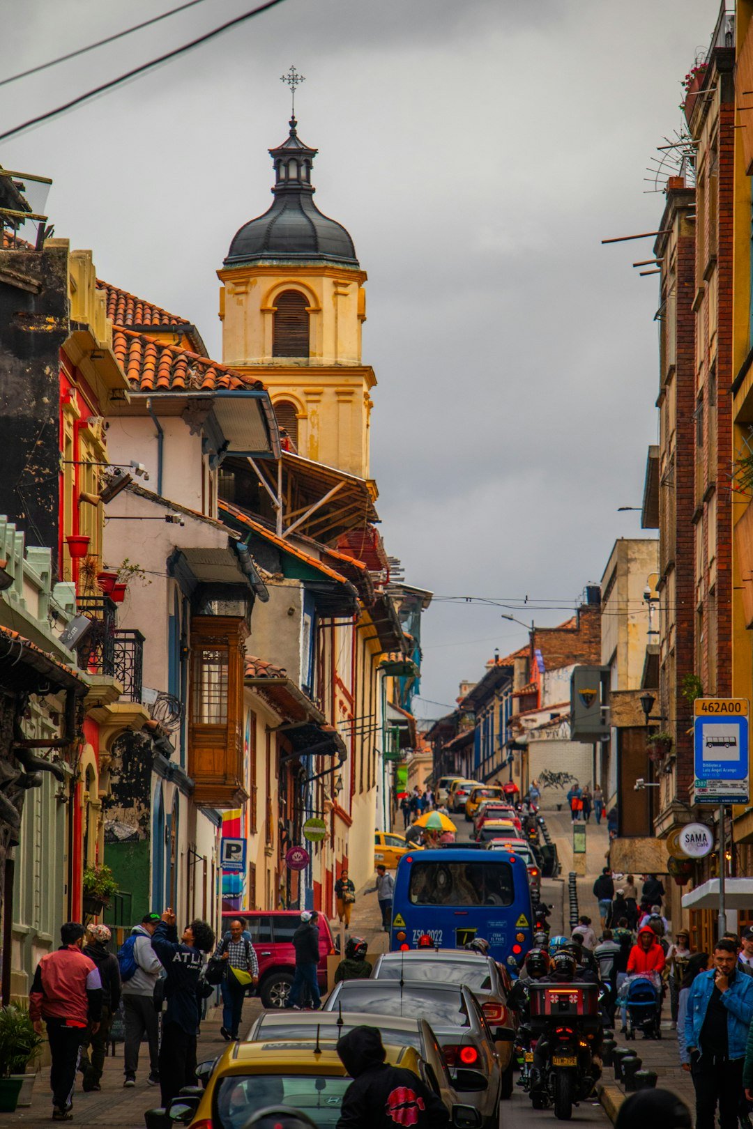 Busy street in La Candelaria historic centre of Bogota Colombia