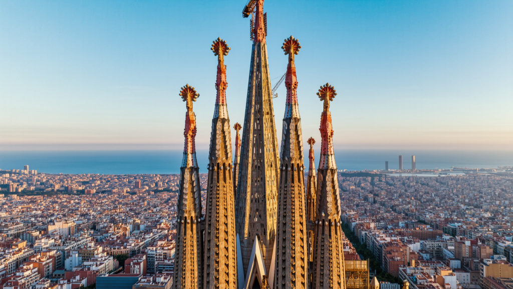 Sagrada Familia spires rising above the Barcelona skyline in morning light
