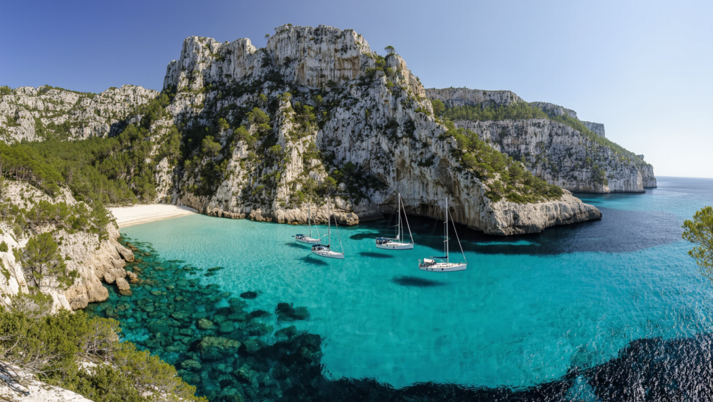 Turquoise cove with limestone cliffs and pine trees in Mallorca, Balearic Islands