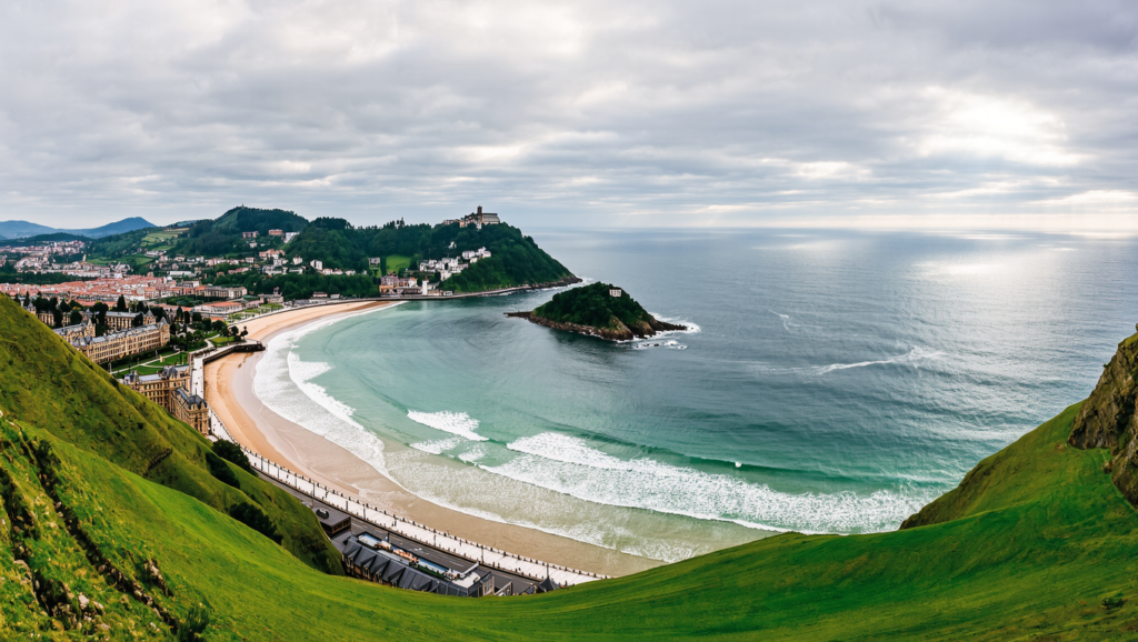 La Concha bay in San Sebastian seen from a green hillside viewpoint
