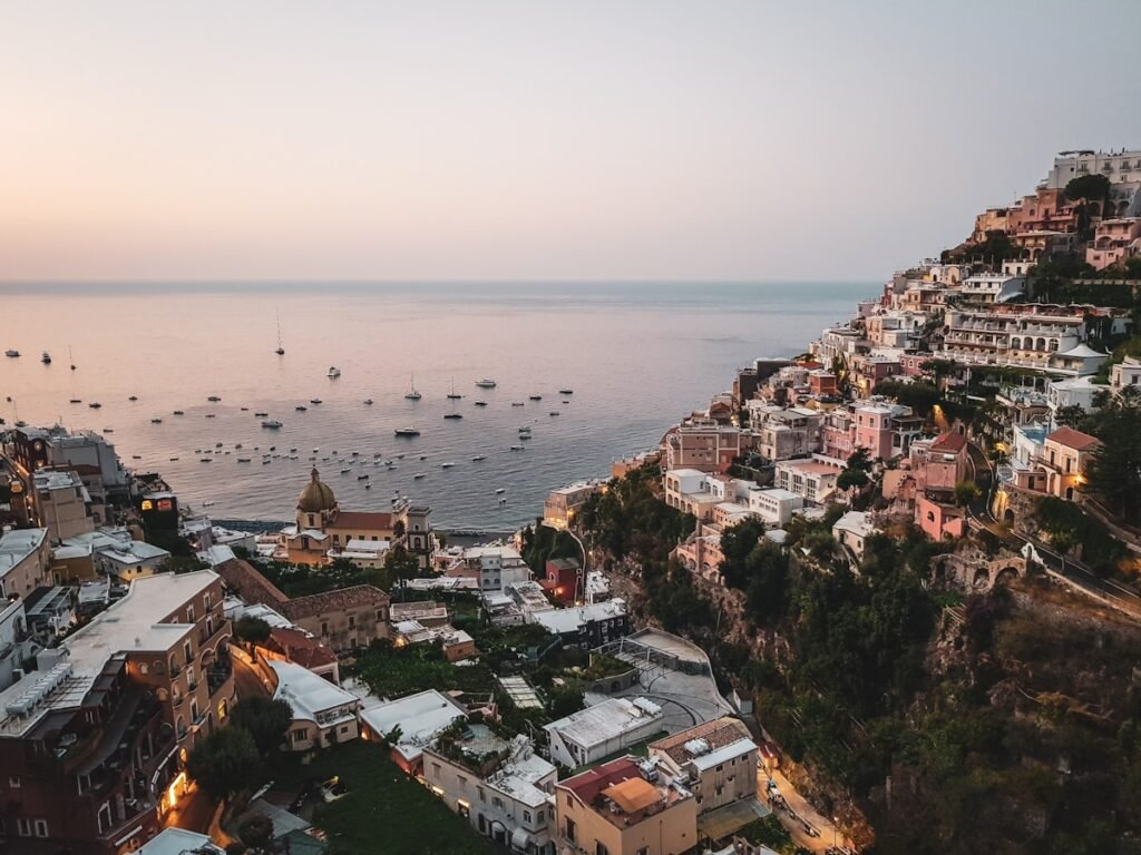 Aerial view of Amalfi Coast buildings above the water