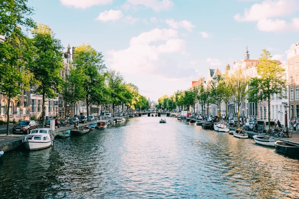 Amsterdam canal water under a pale sky