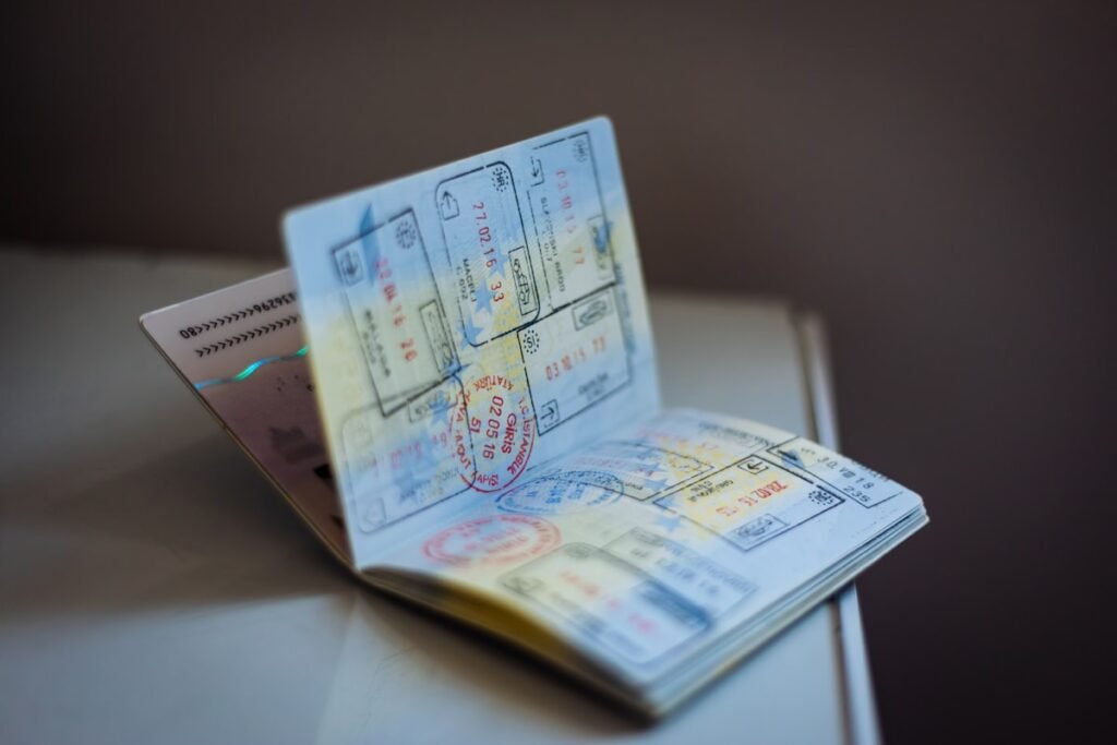 Passport resting on a table before departure